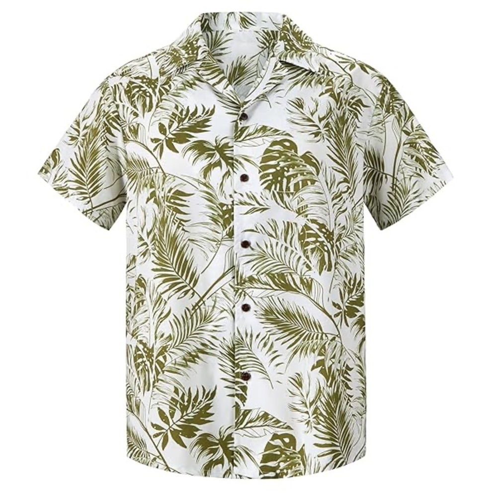Zando Tropical Leaf Hawaiian Camp Shirt Mens Size XL Short Sleeve Green White